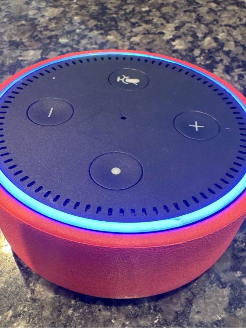 Smart Speaker Voice Assistant (Amazon Echo Dot style) with red case